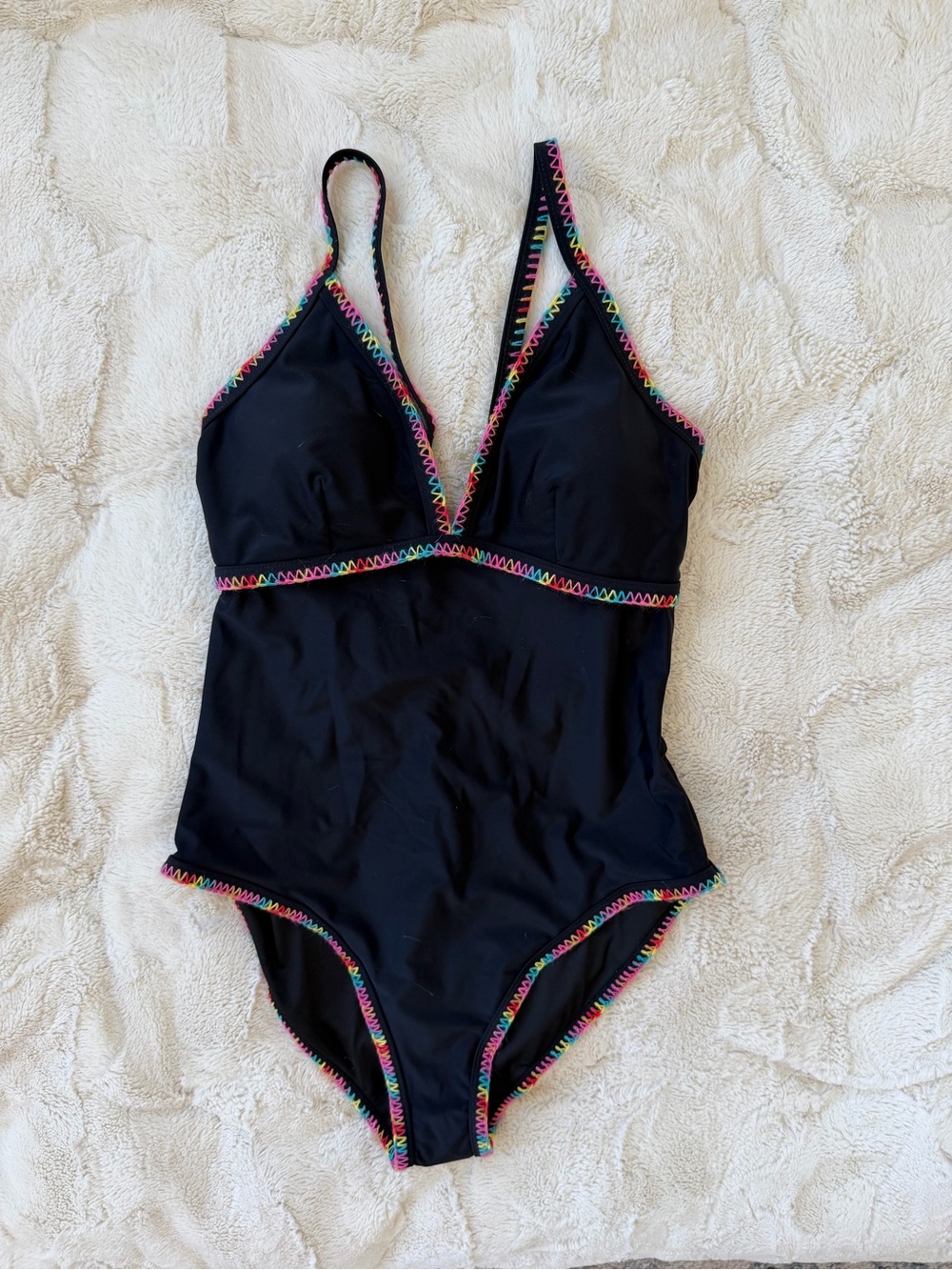 NWT Popvil Black Clam Shell Plunge One-Piece Swimsuit with Rainbow Trim, Medium